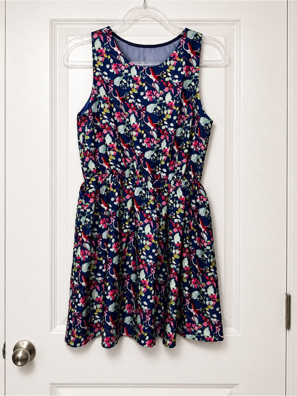 Pink Martini Floral Bird Print Dress M Navy Sleeveless Sheer Yoke Lined